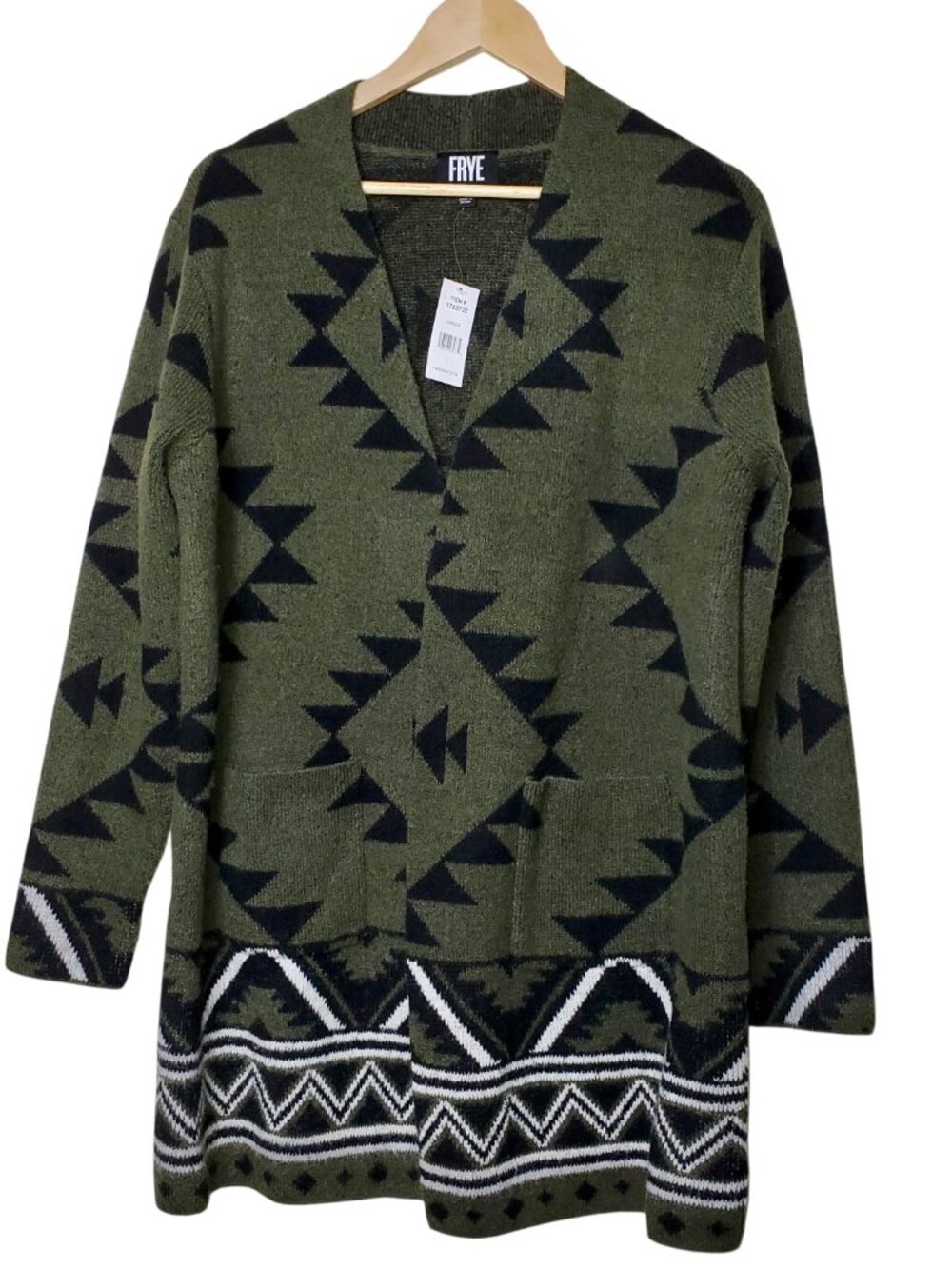 Frye Women's Olive Green Black Aztec Southwestern Open Cardigan Cozy Tribal Sz L